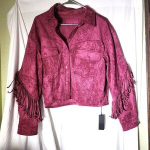 Blank NYC Faux Suede Fringe‎ Jacket Snap Closure & Chest Pockets Medium Burgundy
